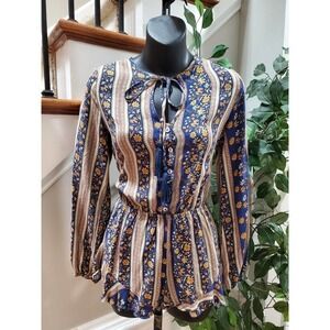 American Threads Women's Beige & Blue Rayon Round Neck Long Sleeve Romper Size S